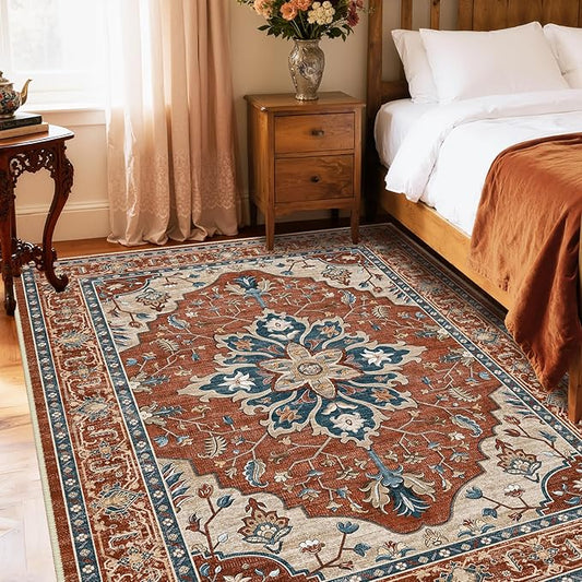 Area Rugs 8'x10' Washable Non-Slip, Floral Vintage Distress Print Pattern Medallion Carpet for Living Room Bedroom Dining Room, Red Orange Blue Brown
