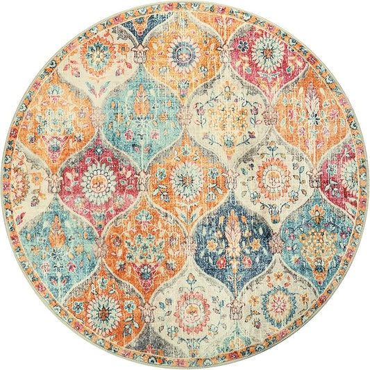 Lahome Moroccan Trellis Washable Round Rugs, Non-Slip Soft Round Rug 4ft Ultra-Thin, Small Vintage Circle Carpet for Entryway Kitchen Bedroom Nursery Bathroom, Cream/Multi