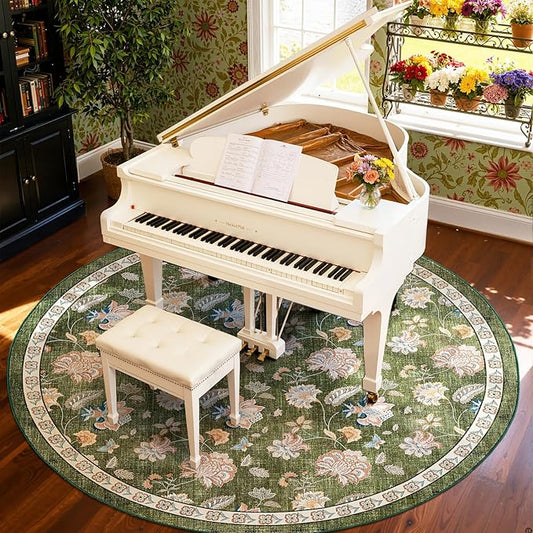 jinchan Elora 8ft Floral Round Rug for Dining Room Washable Living Room Rug Vintage Romance Design Non Slip Indoor Floor Cover Lightweight Low-Profile Throw Carpet for Bedroom Porch Patio, Green