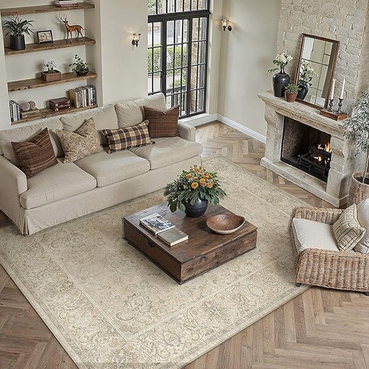 HUGEAR 9x12 Machine Washable Area Rugs Vintage Beige - Neutral Living Room Bedroom Rug Non Slip Stain Resistant Low Pile Aesthetic Throw Carpet Kids & Pet Friendly