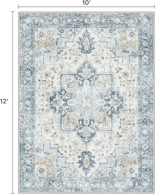 10x12 Area Rugs for Living Room, Machine Washable Rug, Non Slip Vintage Rugs, Low Pile Lightweight Print Rug for Bedroom, Dining Room, Home Office, Blue