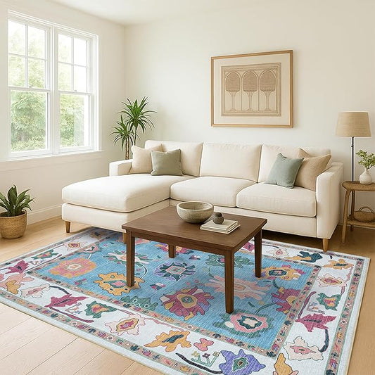Fame Living Colorful Oushak Rug, Modern, Vintage, Turkish, Eclectic, Floral, Pastel, Washable, Large Area Rugs for Living Room, Dining, Bedroom, Girls, Boys, 7'5"x9'8"