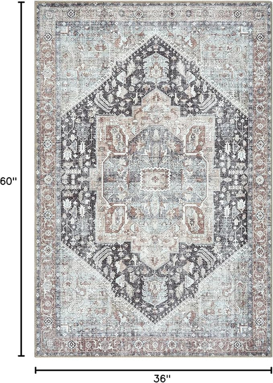 Bloom Rugs Washable Non-Slip 3' x 5' Rug - Charcoal/Brown Traditional Medallion Area Rug for Living Room, Bedroom, Dining Room, and Kitchen - Exact Size: 3' x 5'