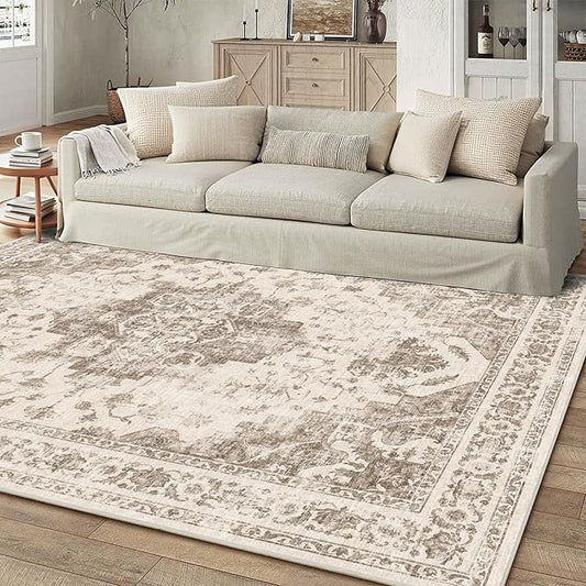 6x9 Vintage Washable Area Rugs Boho Medallion Large Distressed Retro Accent Carpet Floral Non-Slip Soft Low Pile Indoor Throw Rug for Living Room Bedroom Dining Room Office Kitchen, Taupe