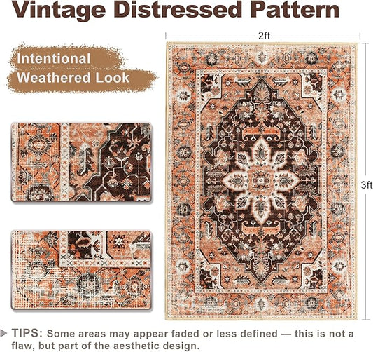 XWZO Entryway Area Rug 2x3ft — Soft Vintage Low Pile Non-Slip Backing Door Mat for Bedroom Bathroom Kitchen Laundry, Spill Resistant Washable Small Indoor Carpet for Doorway & Entrance, Brick Red