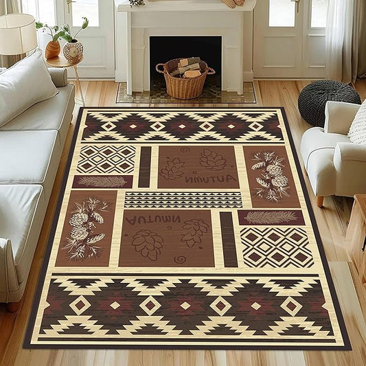 UNREASTO Western Area Rugs 5x8ft Vintage Country Southwestern Native Botanical Farmhouse Rug Floor Mats, Rustic Pine Cone Non-Slip Washable Throw Rugs for Hallway Living Room Bedroom Hardwood Floors