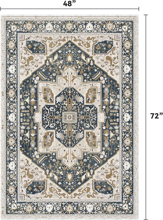 EnHomee 4x6 Washable Area Rugs for Bedroom, Boho Vintage Rugs, Foldable Area Rug for Dining Room, Non-Slip Soft Living Room Rug, Low Pile Large Carpet for Bathroom, Blue and Brown