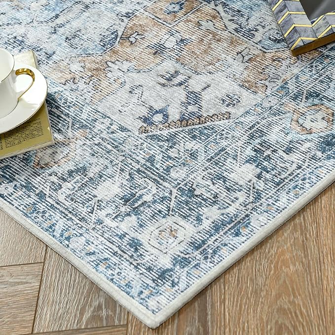 jinchan Kelda Area Rug 9x12 Washable Living Room Rug Vintage Indoor Large Floor Cover Distressed Lightweight Non-Slip Low Pile Thin Mat Accent Stain Resistant Carpet for Bedroom Office Blue