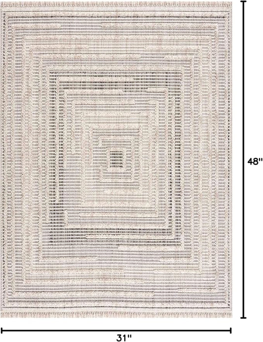 Hauteloom Lunao Living Room, Bedroom Area Rug - Geometric, Solid & Striped - Charcoal, Cream, Beige - 2'7" x 4'