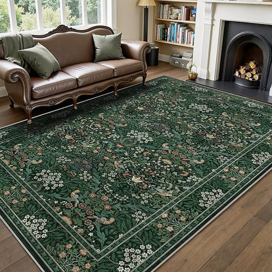 5x7 Floral Washable Area Rugs for Living Room, Vintage Boho Large Rug for Bedroom Dining Room, Distressed Botanical Birds Non Slip Low Pile Forest Throw Carpet for Farmhouse Office, Bright Green
