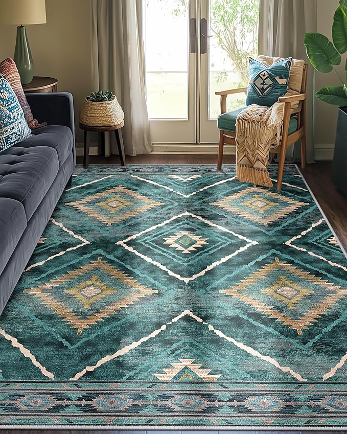 Area Rug 3x5 Rug Machine Washable Non-Slip Low Pile Print Pattern Western Rug for Living Room Bedroom Entryway Tribal Series -Teal/Green