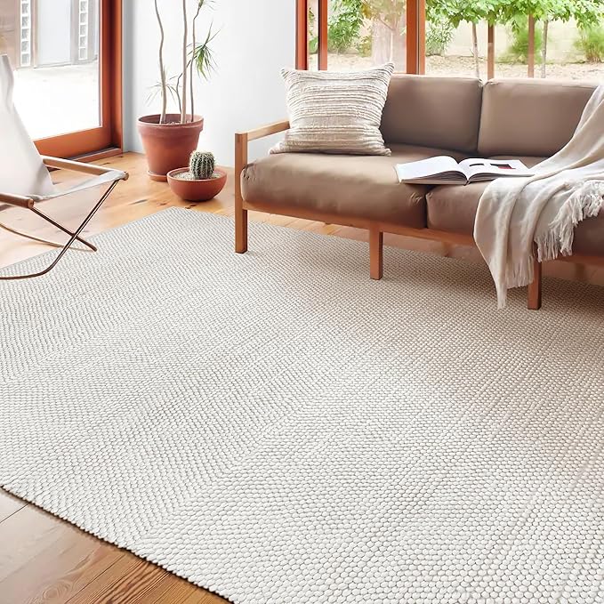 Handwoven Wool Cotton Blend Area Rug 8x10', Textured Popcorn Braided Ivory Rug, Soft Thick Farmhouse Contemporary Living Room Carpet, Neutral Modern Decorative Floor Rug