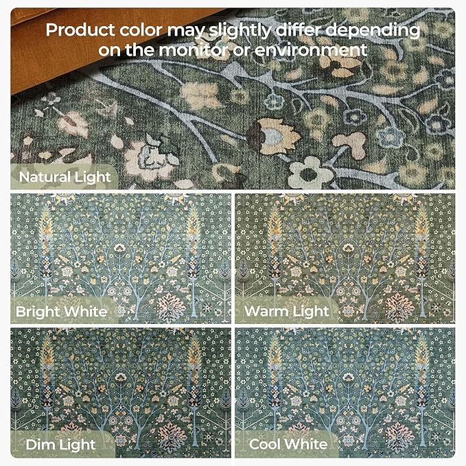 Kokia Boho Vintage Floral Area Rugs, Washable Oriental Botanical Rugs for Living Room, Bedroom, Dining Room, Office, Soft Indoor Area Rug, Sage Green,6x9