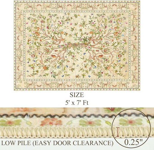 5x7 Area Rugs for Living Room, Machine Washable Non-Slip Carpet, Boho Floral Low Pile Throw Rugs for Bedroom, Dining Room, Office, Nursery, Vintage Home Decor(Beige)