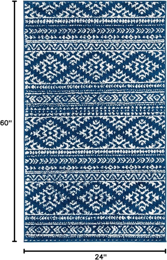SAFAVIEH Tulum Collection Accent Rug - 2' x 5', Navy & Ivory, Moroccan Boho Tribal Design, Non-Shedding & Easy to Clean, Ideal for Front Door, Kitchen, Entryway, Foyer (TUL272N)