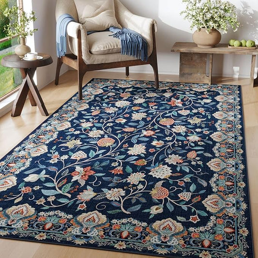 Rugcomf Vintage Paisley 3'x5' Area Rug - Machine Washable, Non-Slip Low Pile Small Floral Carpet for Bedroom, Bedside, Kitchen, Entryway, Kids/Girls Room, Office - Blue