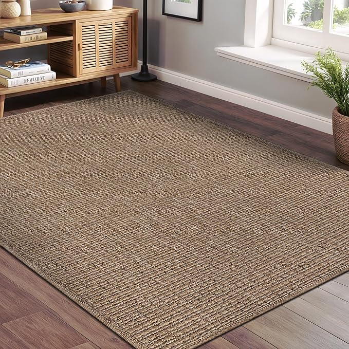 Beverly Rug Easy Jute Natural Rug 6x9 Solid Washable Durable Outdoor Indoor Area Rugs for Living Dining Room Patio Office Stain Resistant Non Shedding Casual Indoor Outside Carpet (6 x 9 Natural)