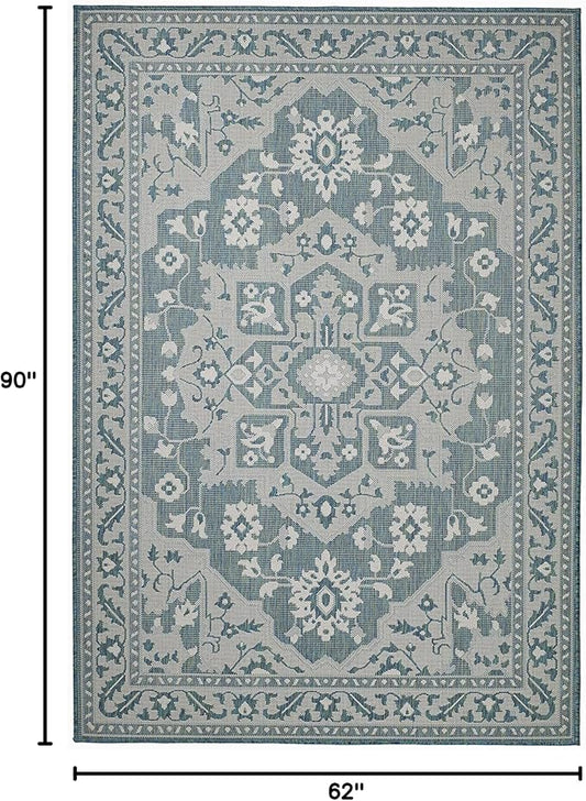 FH Home Flat Woven Outdoor Rug - Waterproof, Easy to Clean, Stain Resistant - Premium Polypropylene Yarn - Vintage - Patio, Porch, Deck, Balcony - Shiraz - Ocean - 5ft 4in x 7ft 6in