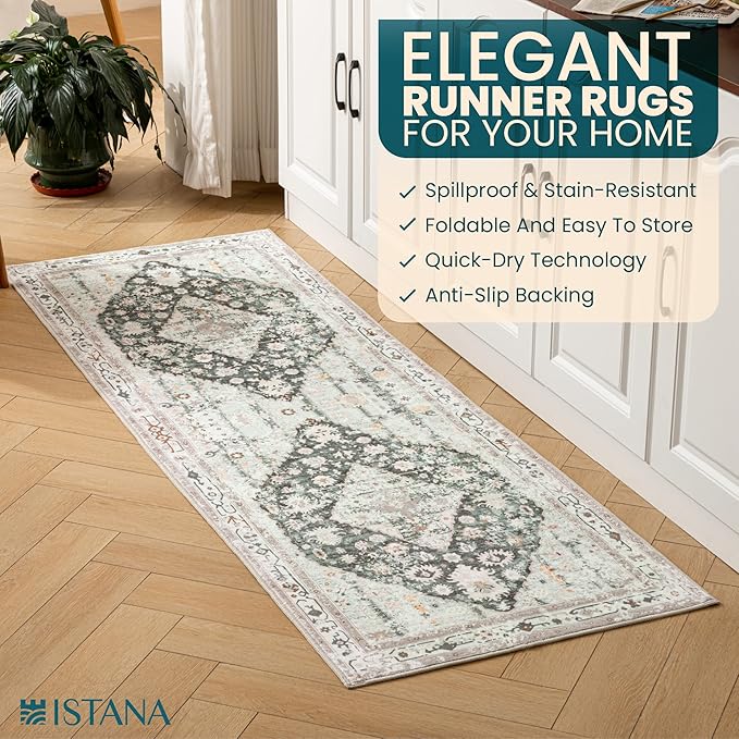 Istana Hallway Runner Rug 2x6 - Light Green/Beige Kitchen Rugs Non Slip Washable -Silk's Soft Touch Carpet Runner - Stylish Rug for Home
