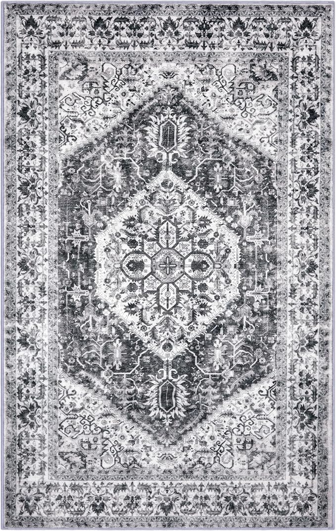 KOZYFLY Boho Area Rug 3x5 Ft Rugs for Entryway Washable Entry Rug Non Slip Door Mat Indoor Entrance Printed Faux Wool Vintage Kitchen Rug Throw Rugs for Kitchen Living Room, Grey
