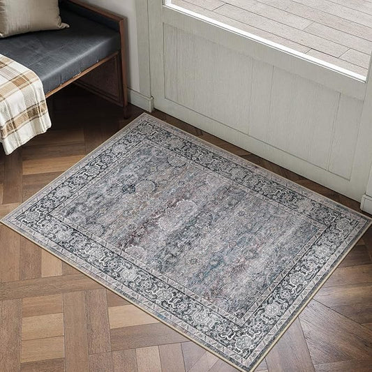 HUGEAR 2x3 Washable Area Rug Purple Small Entryway Rug Non Slip Vintage Neutral Distressed Carpet Soft Low Pile Pet Friendly for Bathroom Kitchen Hallway Porch