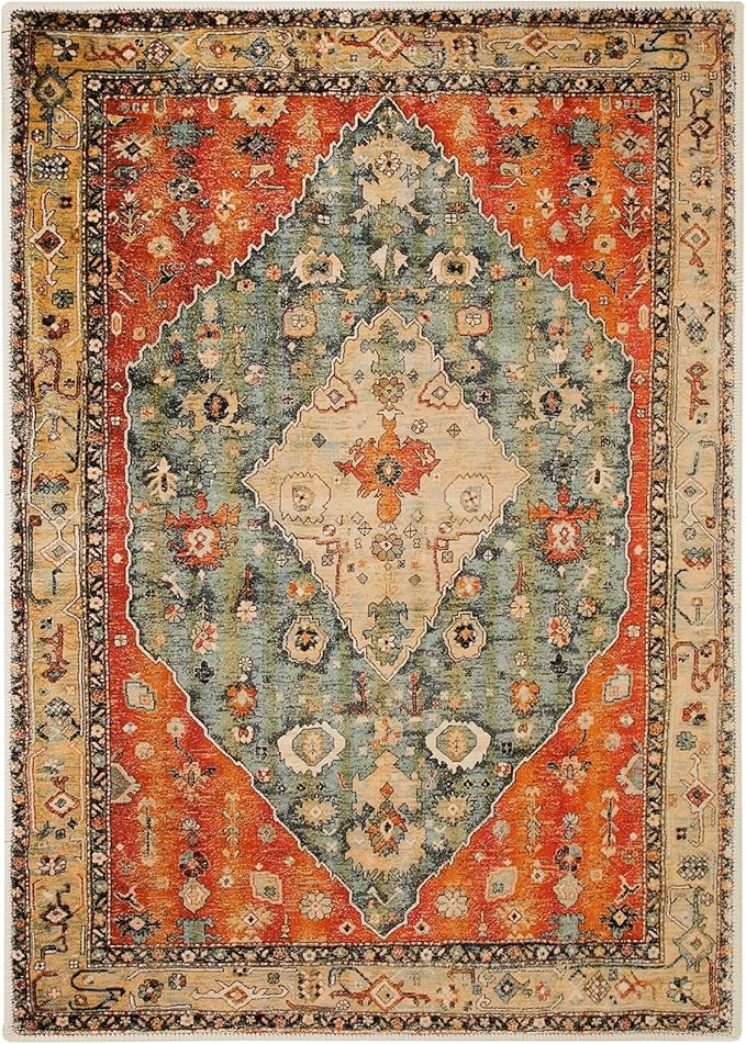 COMSLE Boho Area Rug, 4' x 6' Machine Washable Rugs for Entryway Faux Wool Large Rugs Distressed Throw Rug Non-Slip Floor Carpet for Indoor Bedroom Kitchen Living Room