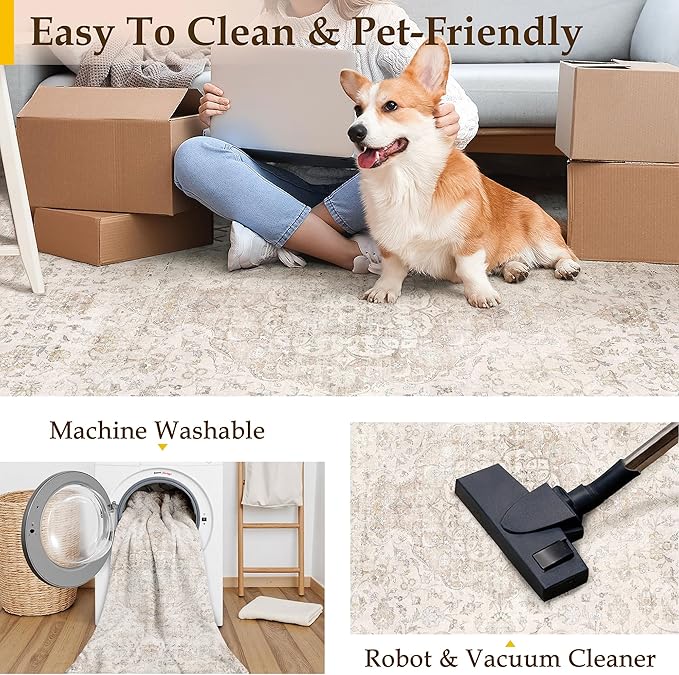 HUGEAR Area Rug 8x10 Vintage Beige Machine Washable Living Room Rugs Thin Neutral Floral Vacuumable Low Pile Carpet Bedroom Office Dining Room Laundry Room Non Slip Soft Lightweight