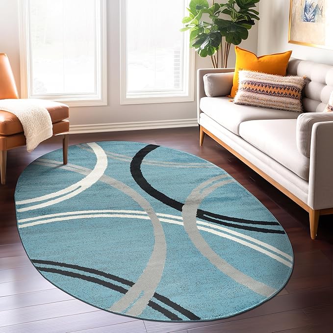 Rugshop Modern Wavy Circles Design Oval Rug, Non-Shedding Carpet for Living Room, Bedroom, or Dining Room, Blue, 5' x 7' Oval