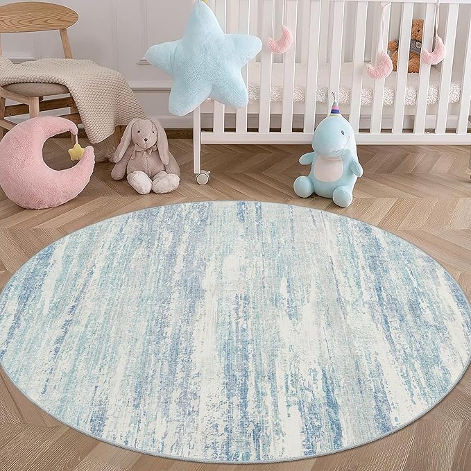 MUJOO Round Rug 4ft,Small Cicle Area Rug Washable,Circular Rugs for Entryway Bedroom Kitchen,Modern Abstract Non Slip Throw Carpet Accent Neutral Blue