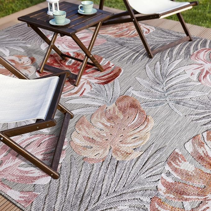 CAMILSON Indoor Outdoor Rug, Mult 10’x14’ Leaf Tropical Botanical Area Rugs for Indoor and Outdoor patios, Easy-Cleaning Non-Shedding Living Room, Garden and Kitchen Washable Outside Carpet (10x14)