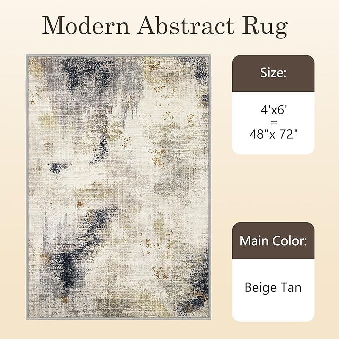4x6 Washable Area Rugs - Modern Abstract Rugs for Living Room Non-Slip Low Pile Soft Machine Washable Carpet for Bedroom, Dining Room, Nursery, Home Office, Farmhouse (4'x6' Beige Tan)