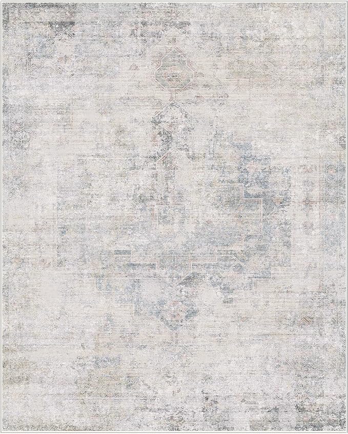 Farmhouse Dining Room Rugs for Under Table - 8x10 Washable Light Blue Area Rug for Living Room, Bedroom, Waterproof & Stain Resistance