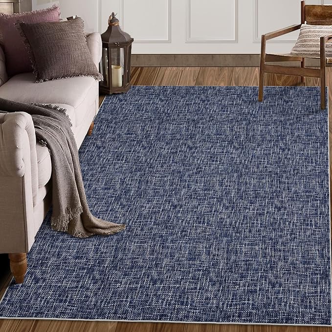 RUGSREAL Living Room Area Rug 9x12 Machine Washable Rug Non-Slip Stain Resistant Modern Abstract Large Rug Contemporary Accent Throw Floor Carpet for Dining Room Solid Area Rug for Home Office, Blue