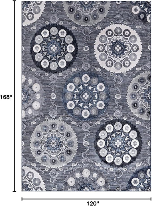 CAMILSON Indoor Outdoor Rug 10x14 Bohemian Medallion Floral Area Rugs for Indoor and Outdoor Patios Easy-Cleaning Non-Shedding Living Room Garden and Kitchen Washable Outside Carpet (10 x 14 / Navy)