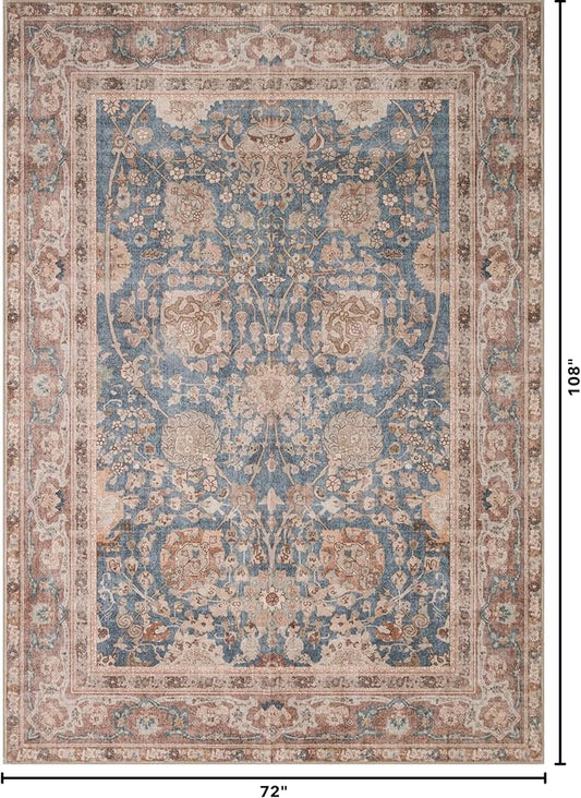 Kuden 6x9 Area Rug, Machine Washable Area Rug with Non-Slip Backing, Vintage Style, Soft, Easy Clean, Low Pile Rug for Living Room, Bedroom, Dining Room
