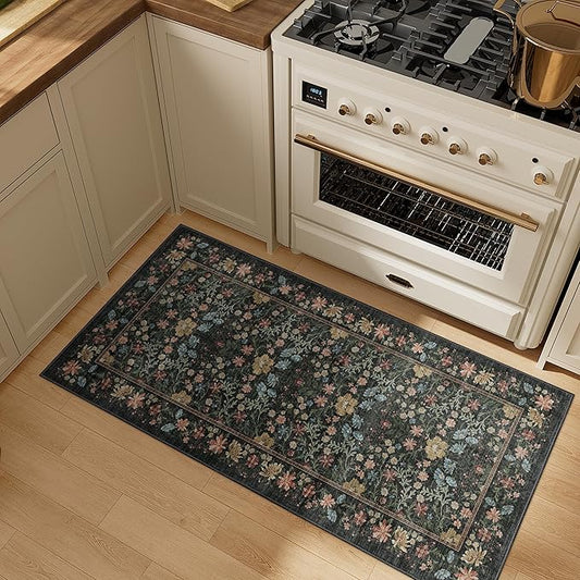 DUKINO 2x4 Rug for Entryway, Lightweight Washable Runner Rug with Non Slip Backing, Vintage Floral Low Pile Small Carpet Runner for Kitchen, Hallway, Entryway, Bathroom, Bedroom, Black