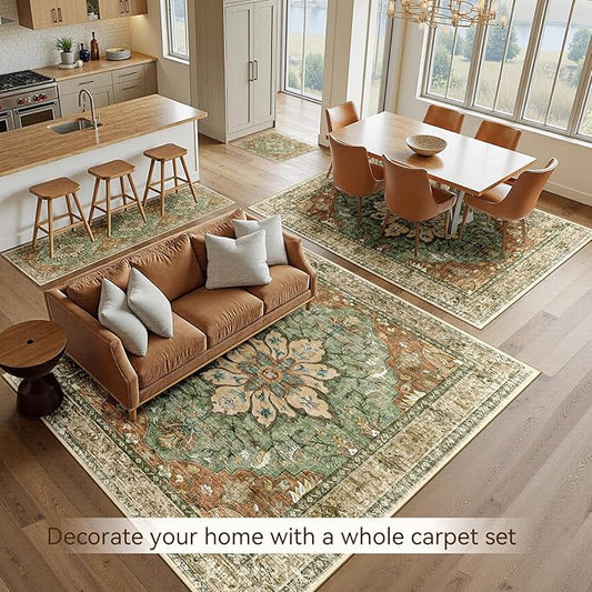 Area Rugs 6'x9' Washable Non-Slip, Floral Vintage Distress Print Pattern Medallion Carpet for Living Room Bedroom Dining Room, Brick Red Rust Neutral Brown Burnt Orange Green