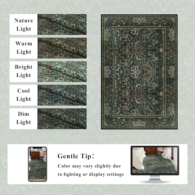2x3 Floral Washable Area Rug for Living Room, Vintage Boho Rug for Bedroom Dining Room, Distressed Botanical Birds Non Slip Low Pile Forest Animal Throw Carpet for Farmhouse Office, Dark Green