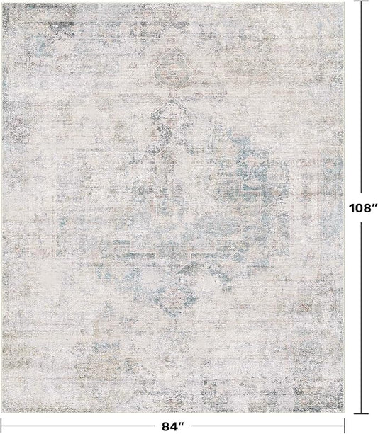 Blue Farmhouse Area Rug for Bedroom - 7x9 Washable Rug for Dining Room Table, Ultra-Thin Soft Textured Boho Abstract Blue and Gray Indoor Decor, Fade & Stain Resistant