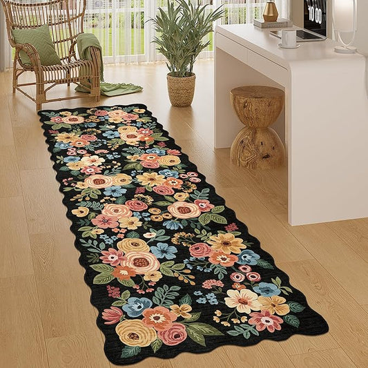 DUKINO 2x10 Runner Rug for Hallway, Washable Kitchen Rug with Non Slip Backing & Non-Shediing, Soft Low Pile Floral Design Runner for Bedroom, Kithchen, Living Room, Laundry, Bathroom, Black