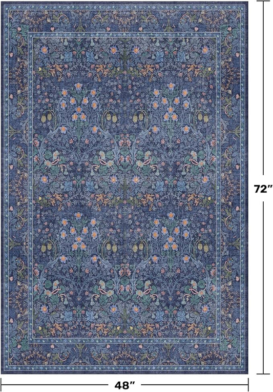 Vintage Dark Blue 4x6 Area Rugs for Large Entryway, Bedroom Beside Rug, Kitchen, Mudroom, Non-Slip Low Pile Ultra Soft Stain Resistant Small Floral Carpet