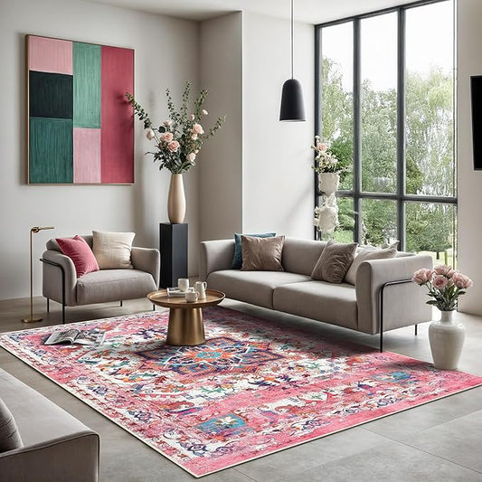 GLN Rugs Traditional Collection - Machine Washable Area Rug, Traditional Washable, Non Slip, Low Pile Chenille Rug, Living Room, Bedroom, Kitchen Rug (6' x 9' Pink/Multicolor)