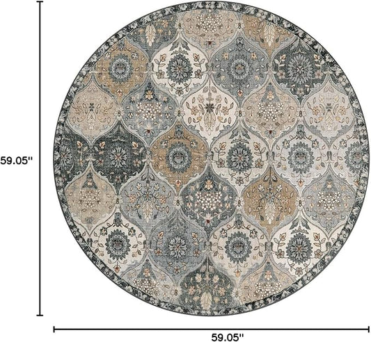 Lahome Moroccan Trellis Washable Circle Rug, Round Rug 5ft Soft Non-Slip, Non-Shedding Distressed Round Carpet for Bedroom Living Room Bathroom Nursery Kitchen, Grey
