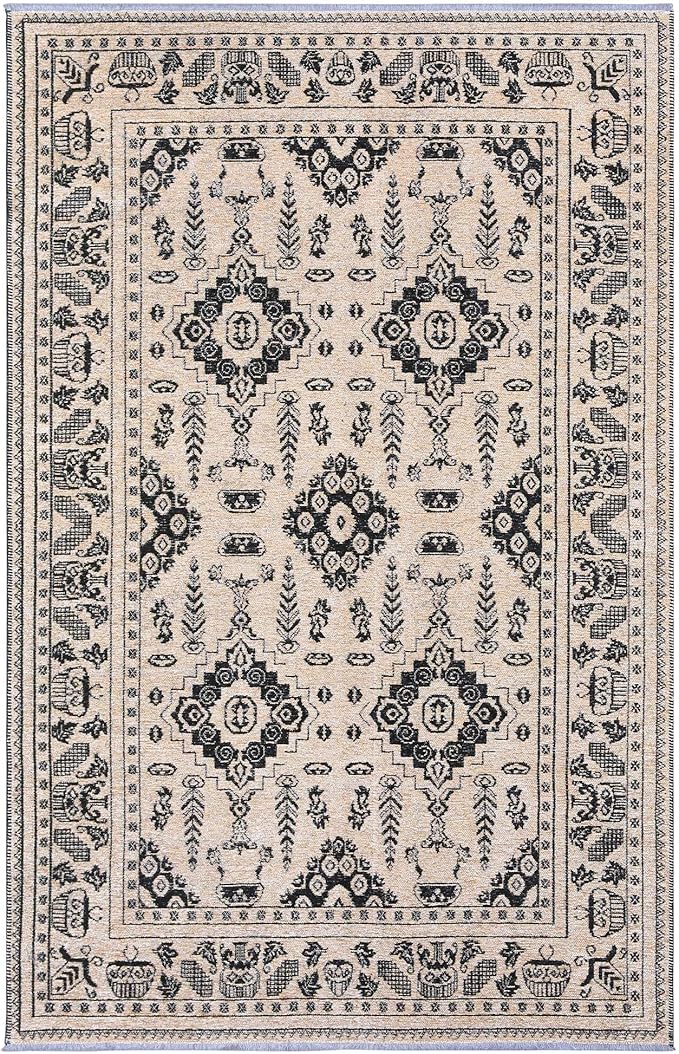 Alfa Rich 4x6 Beige Black Washable Area Rugs for Living Room Bedroom Kitchen Dining Cotton Rug