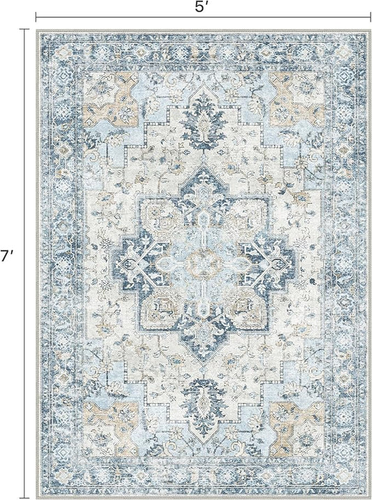 5x7 Area Rugs for Living Room, Machine Washable Rug, Non Slip Vintage Rugs, Low Pile Lightweight Print Rug for Bedroom, Dining Room, Home Office, Blue