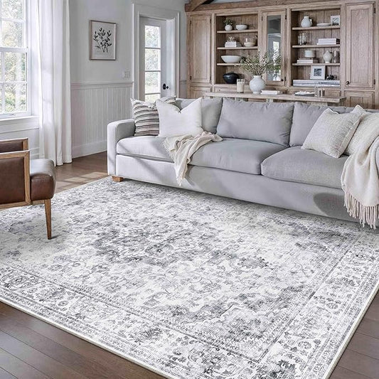 HUGEAR Washable 5x7 Area Rugs Retro Grey Living Room Bedroom Rug Vintage Distressed Non Slip Stain Resistant Low Pile Neutral Throw Carpet for Home Decor