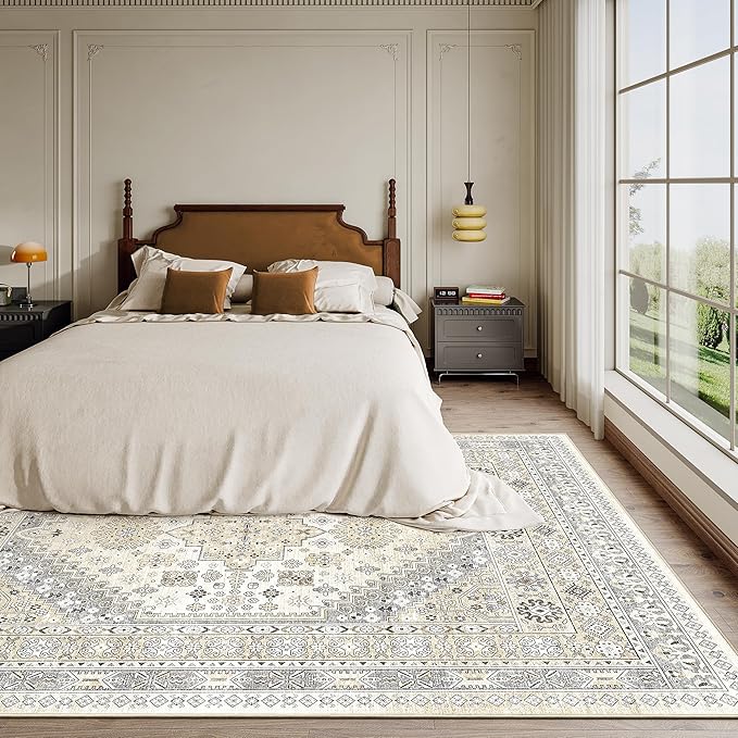 zesthome 5x7 Area Rugs - Ultra-Thin Washble Rug, Stain Resistant Anti Slip Backing Rugs for Living Room,Bedroom, Vintage Home Decor Area Rug (Beige,5'x7')