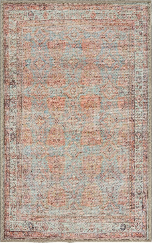 GLN Rugs Traditional Collection - Machine Washable Area Rug, Traditional Washable, Non Slip, Low Pile Chenille Rug, Living Room, Bedroom, Kitchen Rug (2' x 3' Terra/Multicolor 1153)