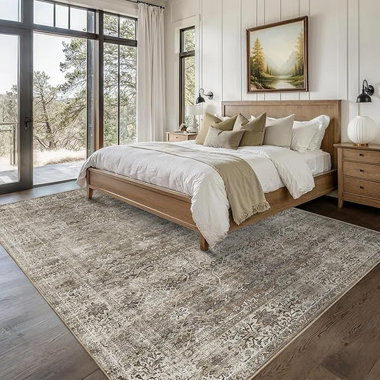 10x14 Washable Area Rug Grey Brown Vintage Rug for Living Room Bedroom Low Pile Soft Non-Slip Boho Rug for Under Table Boho Distressed Retro Carpet for Bedroom Dining Room