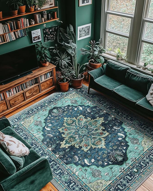 Area Rugs 8'x10' Washable Non-Slip, Floral Vintage Distress Print Pattern Medallion Carpet for Living Room Bedroom Dining Room, Teal Green Lake Blue Turquoise